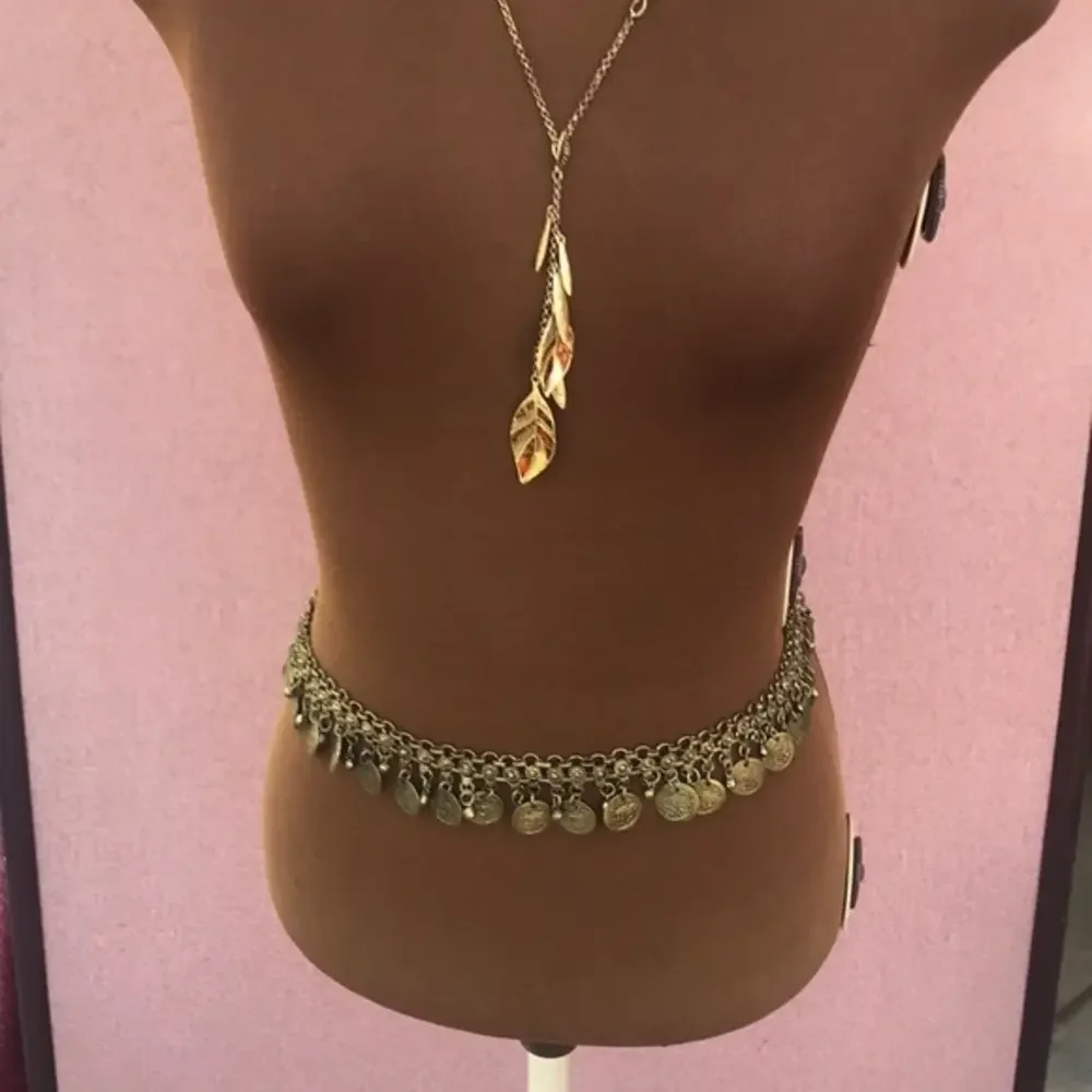 Boho Tribal Coin Chain Belly Dance Hip Belt Antiqued Gold 37”